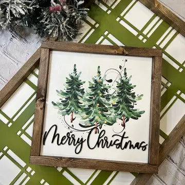 Merry Christmas with Whimsy Trees Wood Sign 13” x 13”