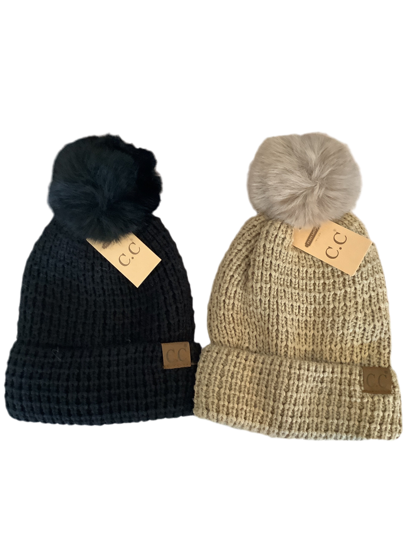 Waffle Knit Faux Fur Pom