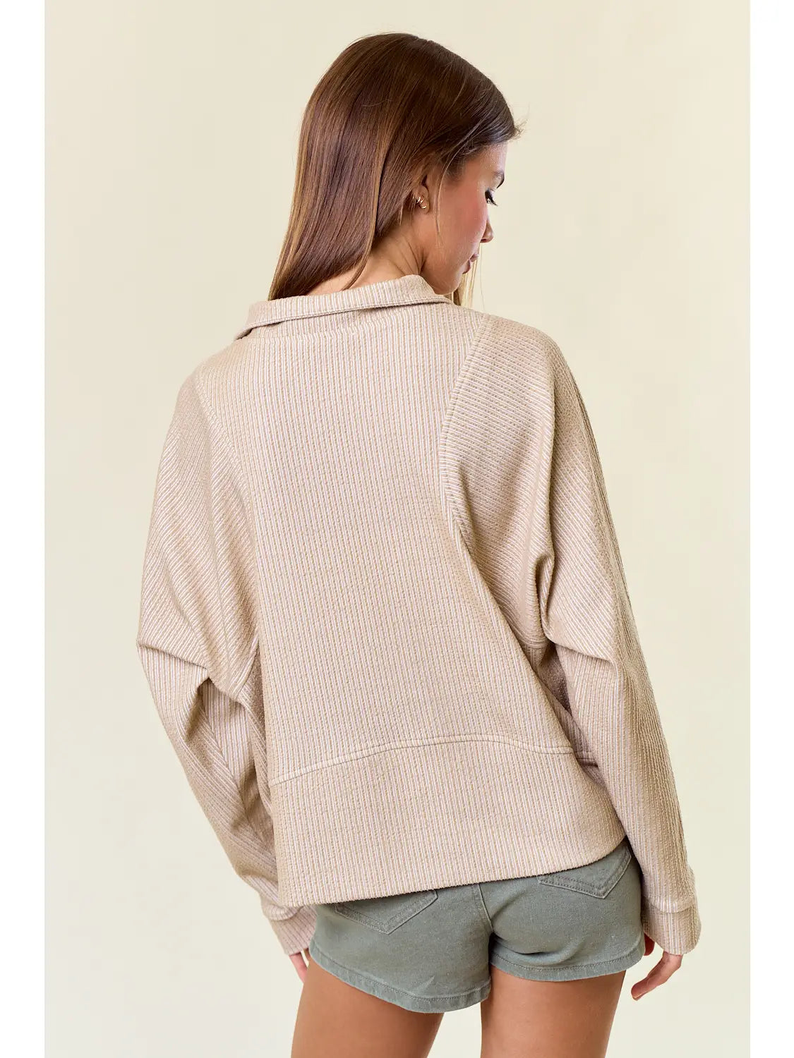 Stripe Textured Half Zip-Up Long Sleeve Sweatshirt Oatmeal