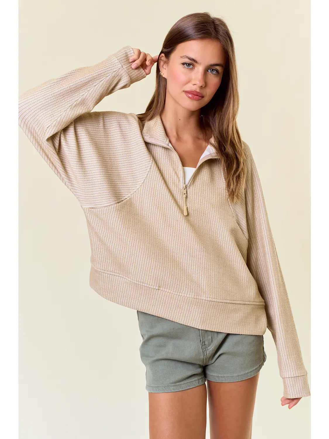 Stripe Textured Half Zip-Up Long Sleeve Sweatshirt Oatmeal