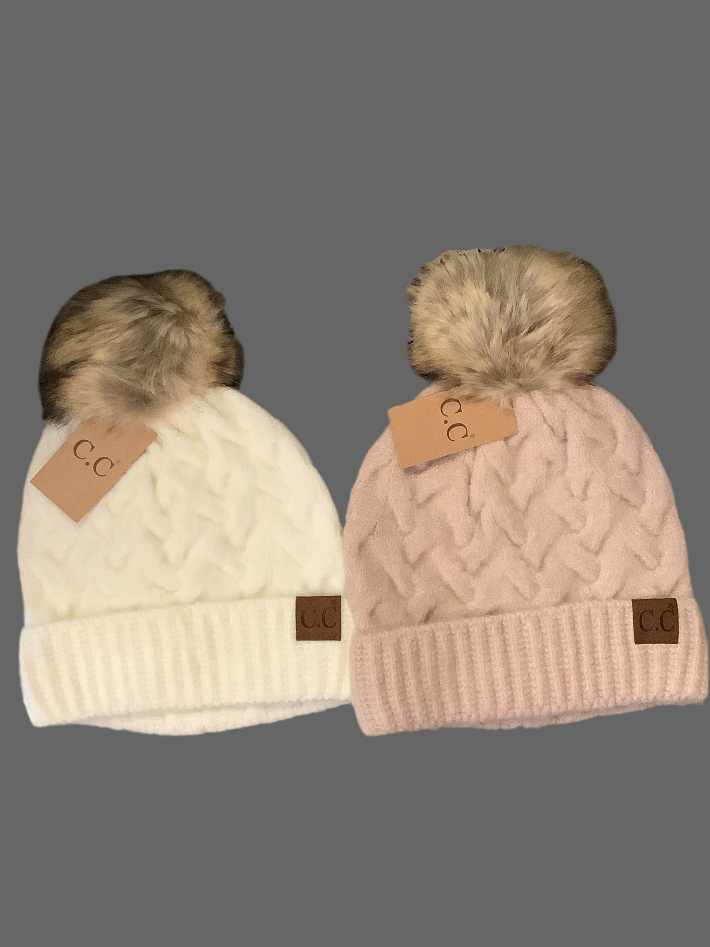 Chunky Braided Cable Knit Fur Pom Beanie