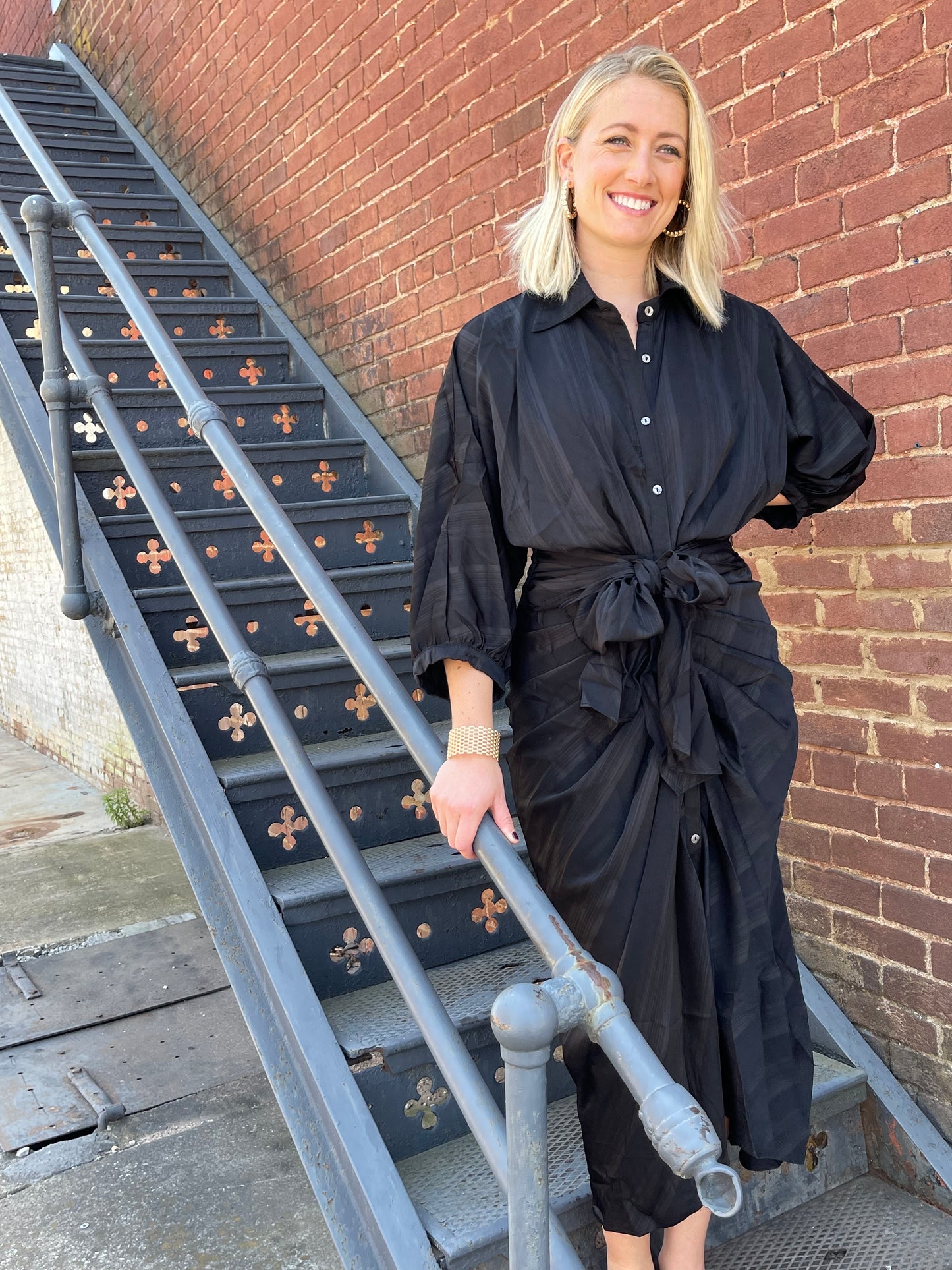Black Ruched Button Down Dress w/ Belt
