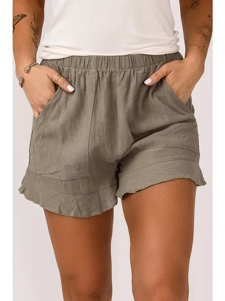 Khaki High Waist Pocketed Ruffle Shorts