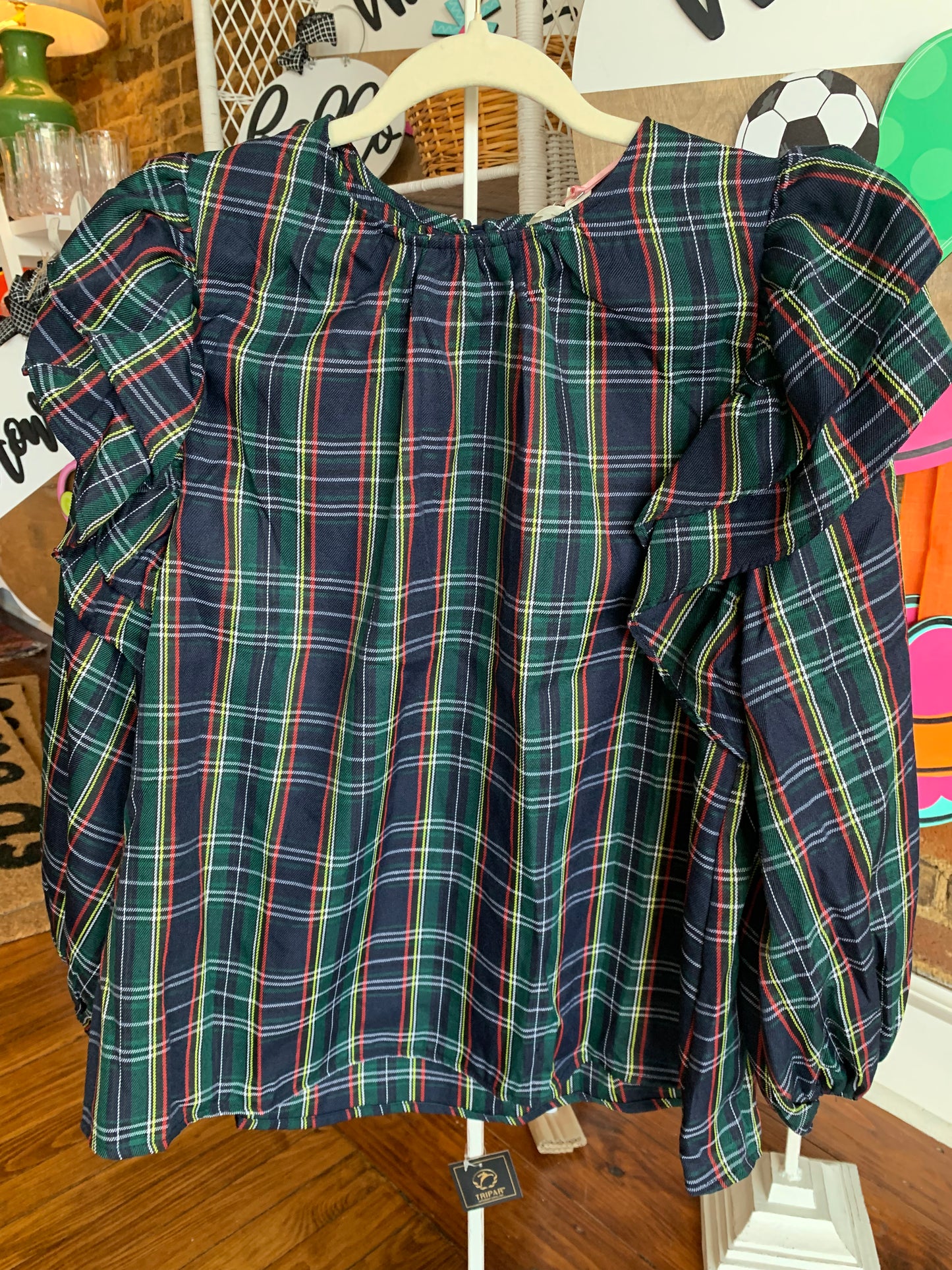 Navy Ruffle Shoulder Plaid Top
