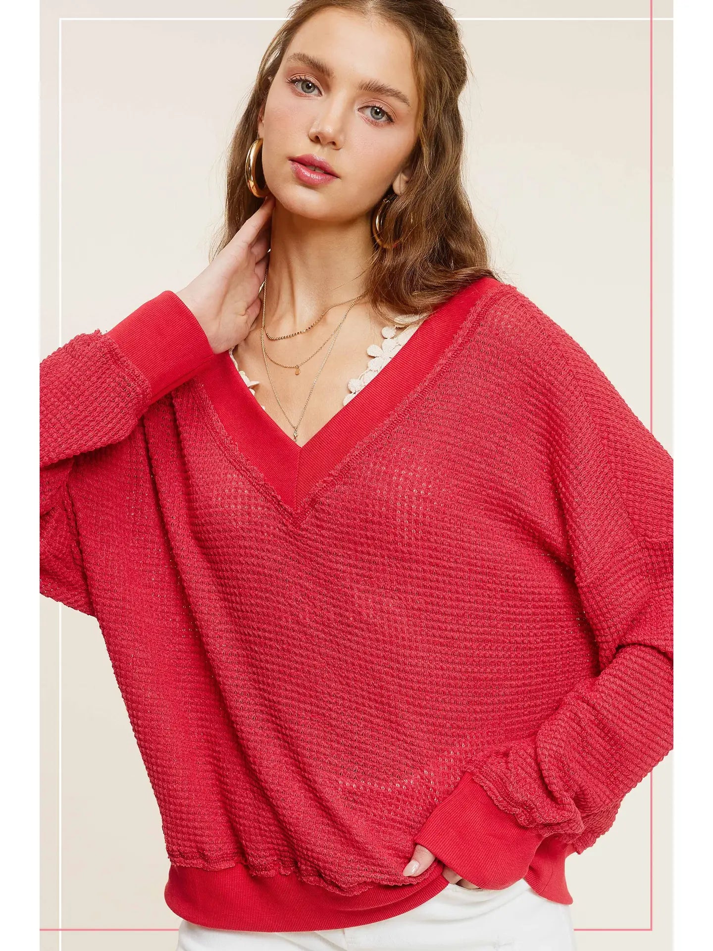Loose Fit V-Neck Waffle Textured Long Sleeve Top Red