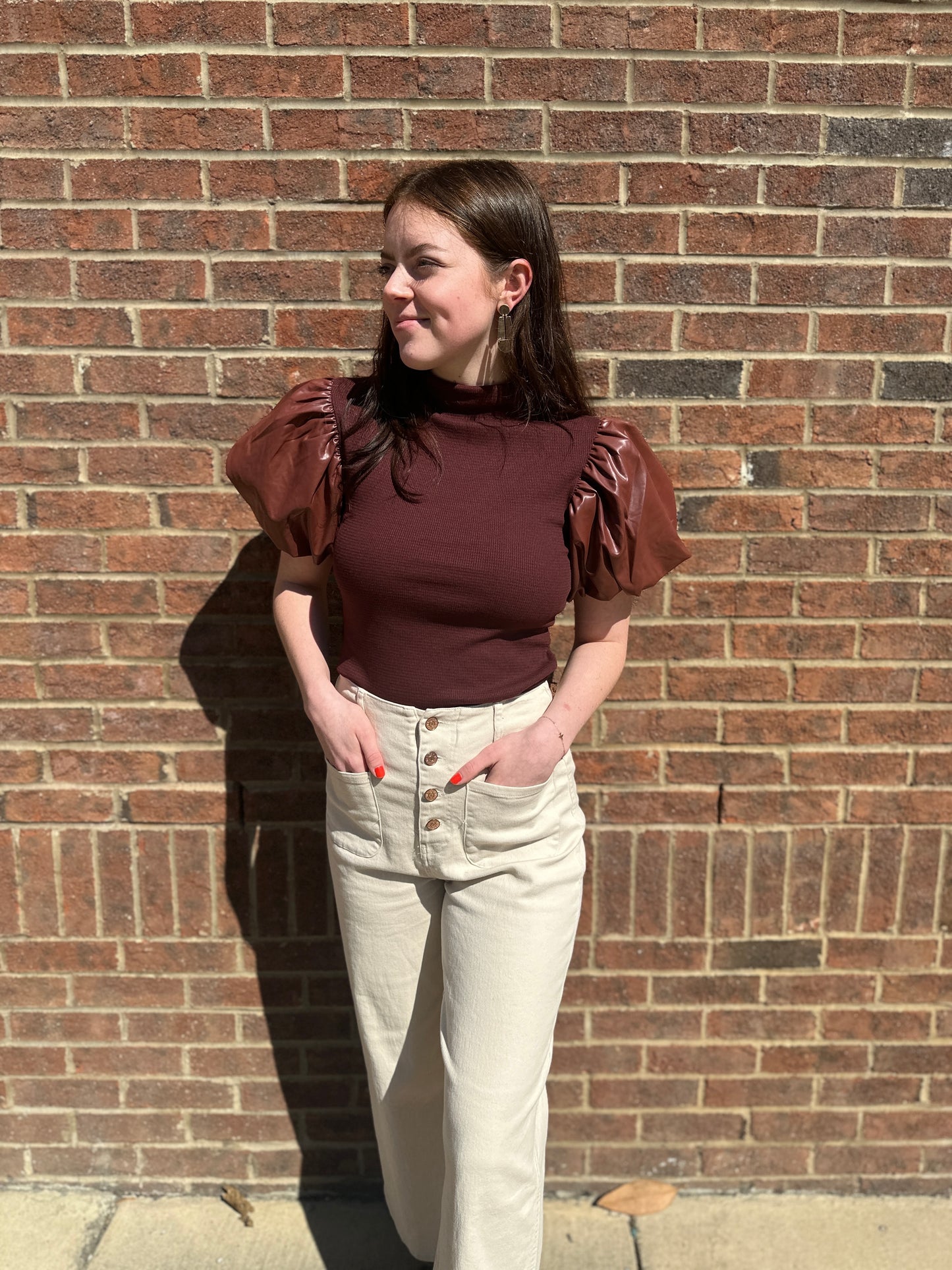 Brown Top with Faux Leather Sleeves