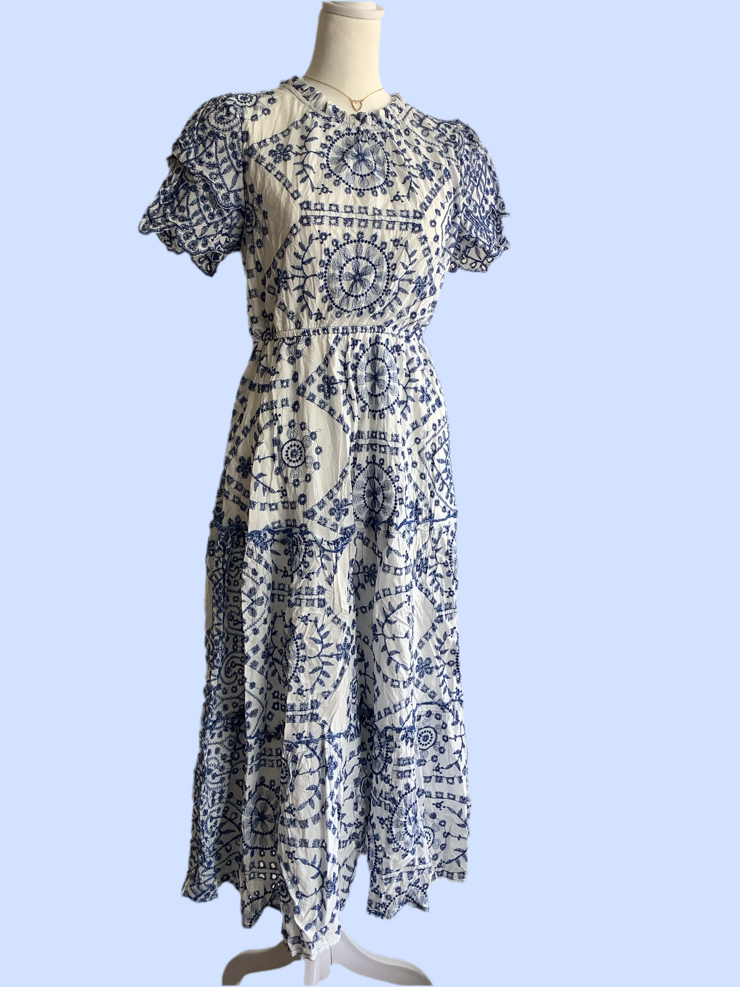 Blue Embroidered Ruffle Dress