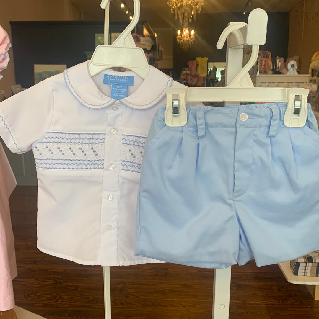 Smocked Blue Pique Short Set - Breckenridge Baby