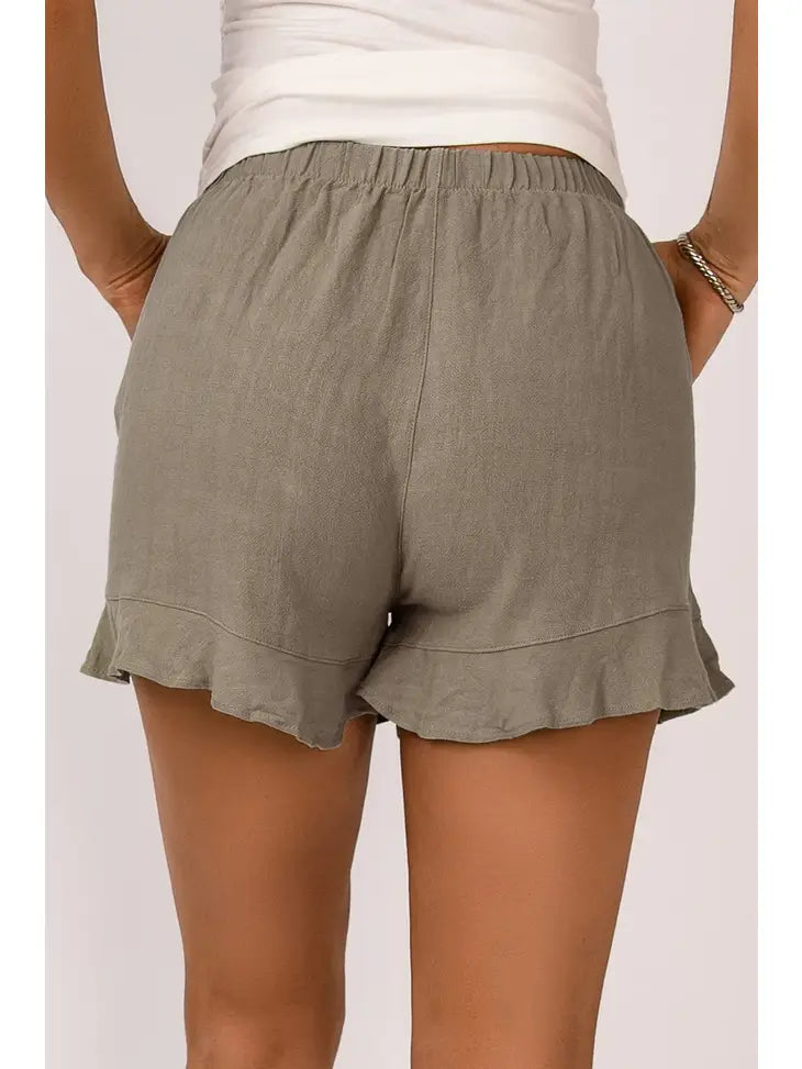 Khaki High Waist Pocketed Ruffle Shorts