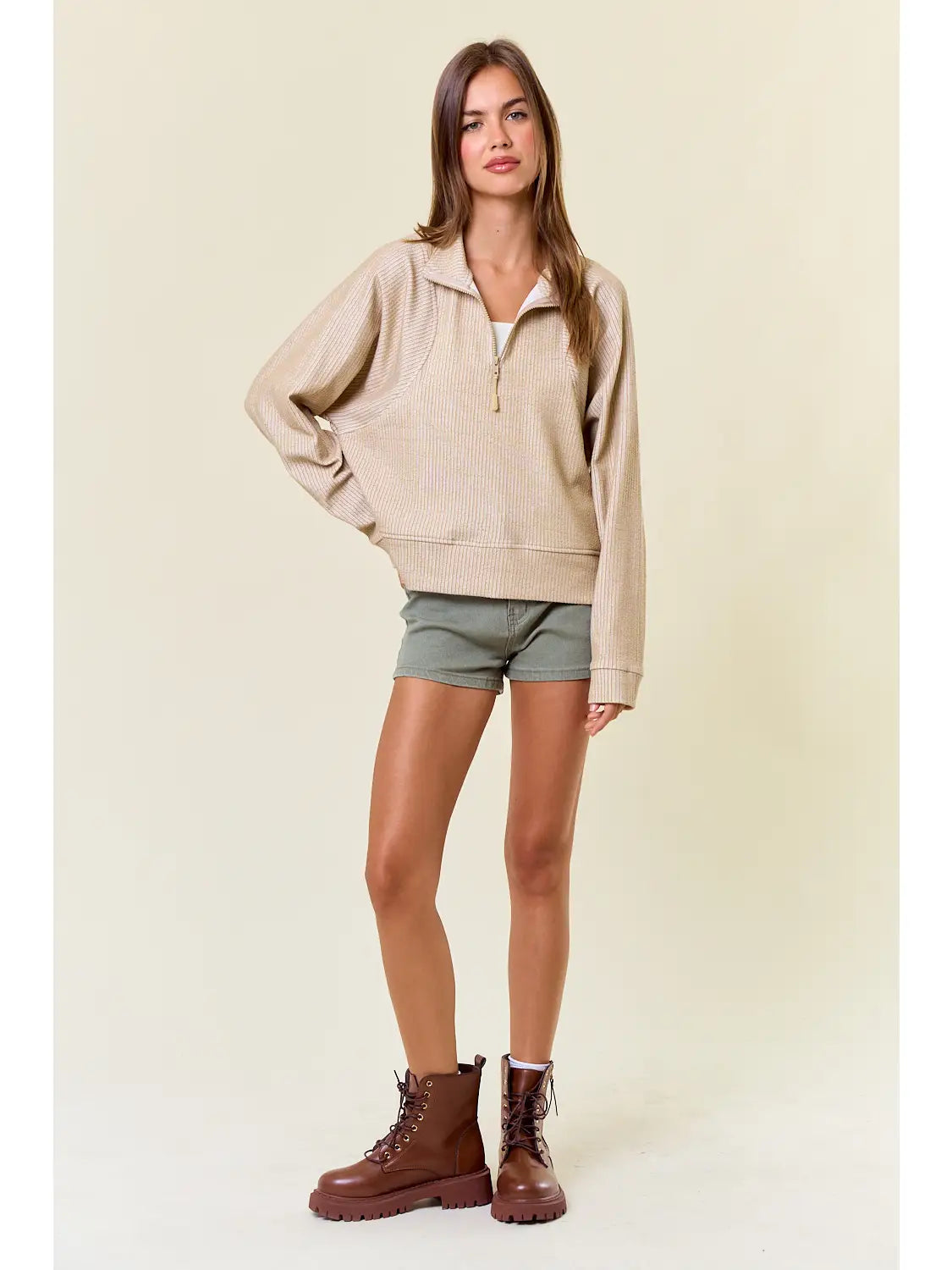 Stripe Textured Half Zip-Up Long Sleeve Sweatshirt Oatmeal