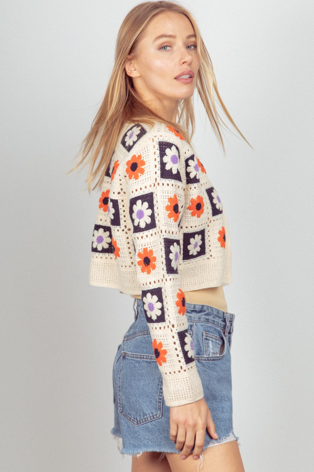 Multi Color Flower Crochet Cropped Cardigan