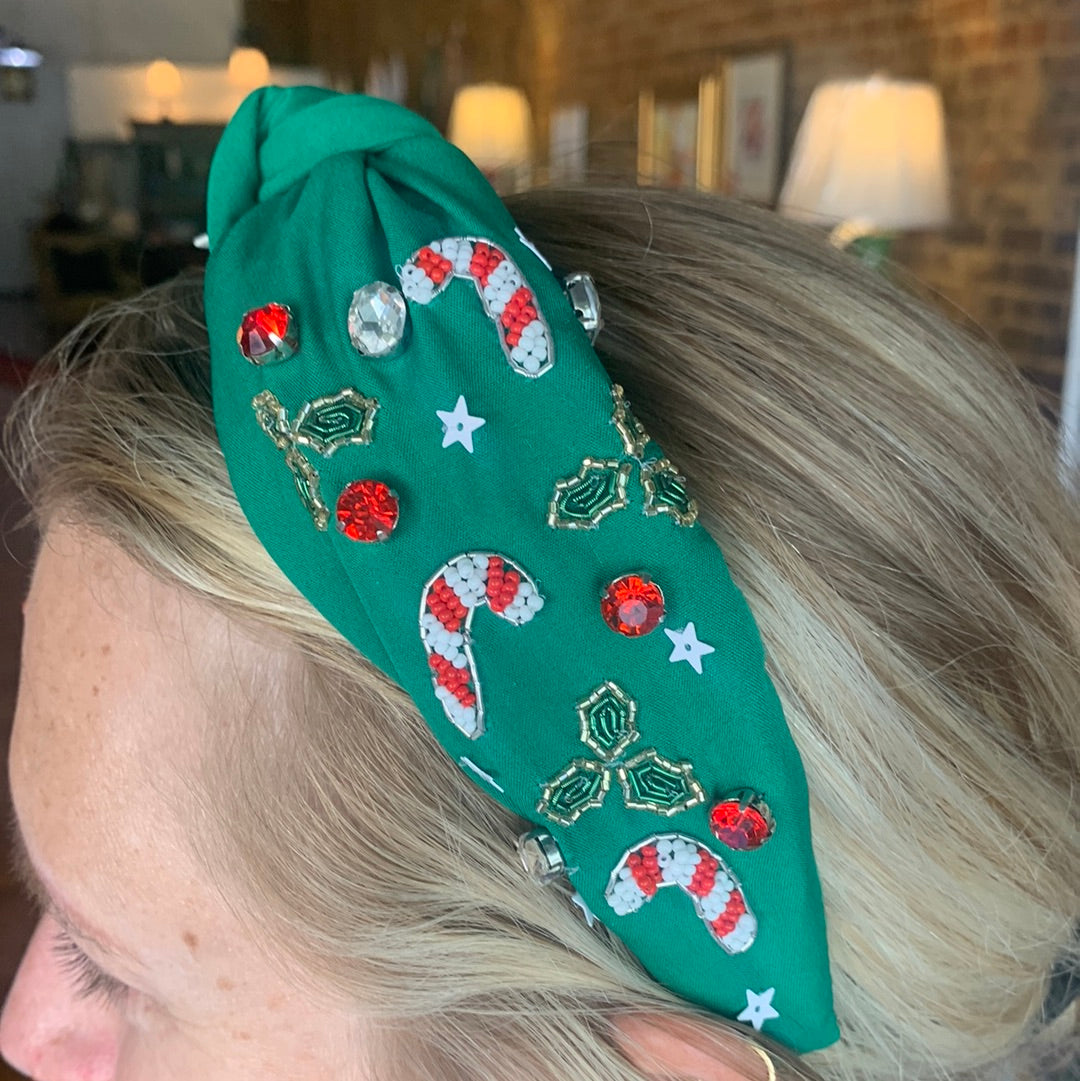 Green Candy Cane & Mistletoe Headband