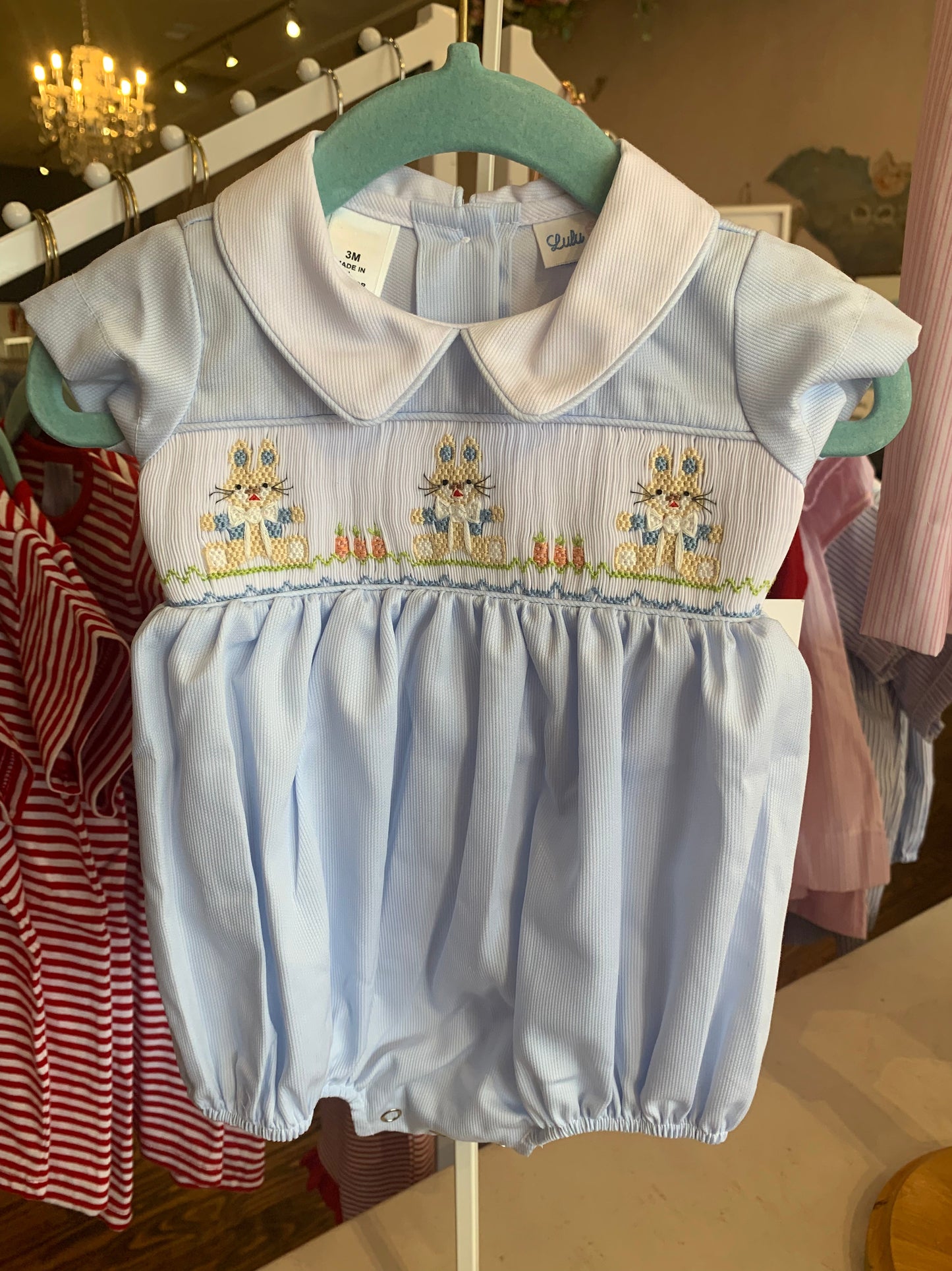 Noah Smocked Boy Bubble - Light Blue Bunny - Breckenridge Baby