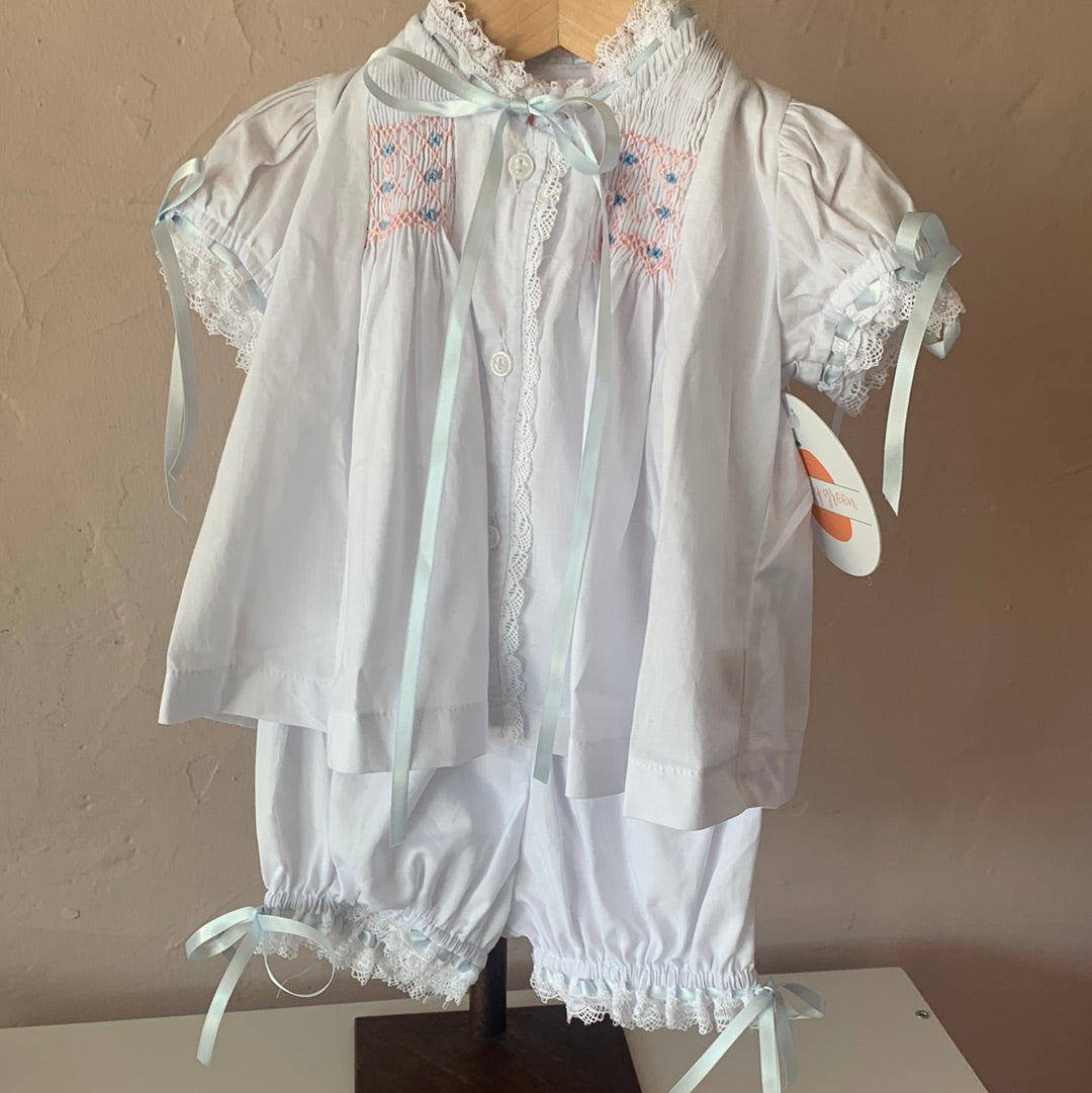 Heirloom Sun Set - White Batiste w Blue/Pink Smocking (5582) - Breckenridge Baby