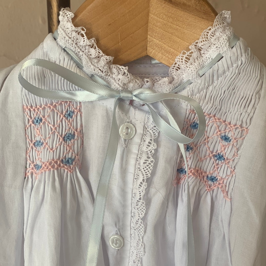 Heirloom Sun Set - White Batiste w Blue/Pink Smocking (5582) - Breckenridge Baby