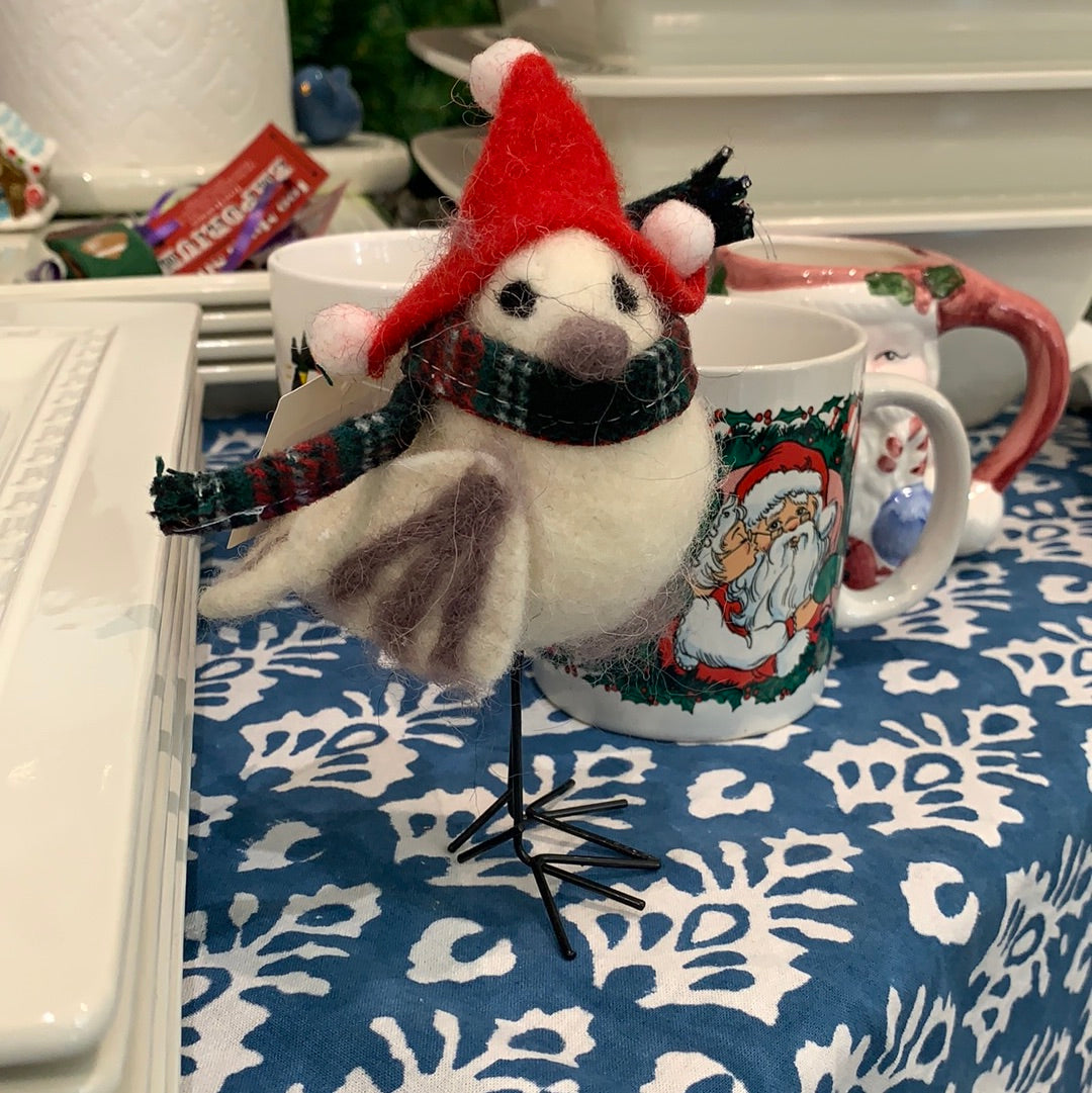 WHITE FELT BIRD IN RED HAT