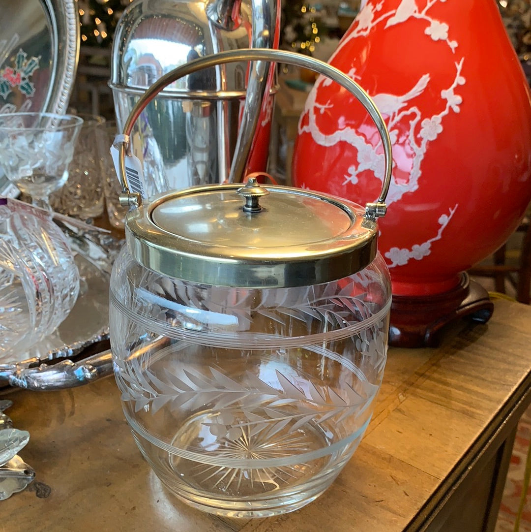 ETCHED GLASS BISCUIT BARREL