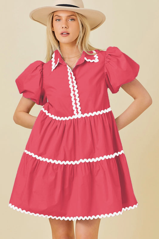Ric Rac Trim Solid Dress - Coral Pink