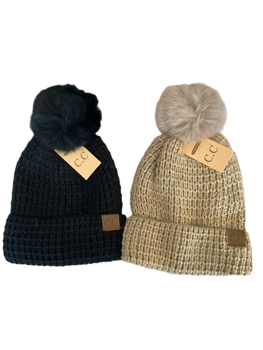 Waffle Knit Faux Fur Pom