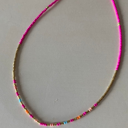 Hot Pink/Gold Beaded Necklace