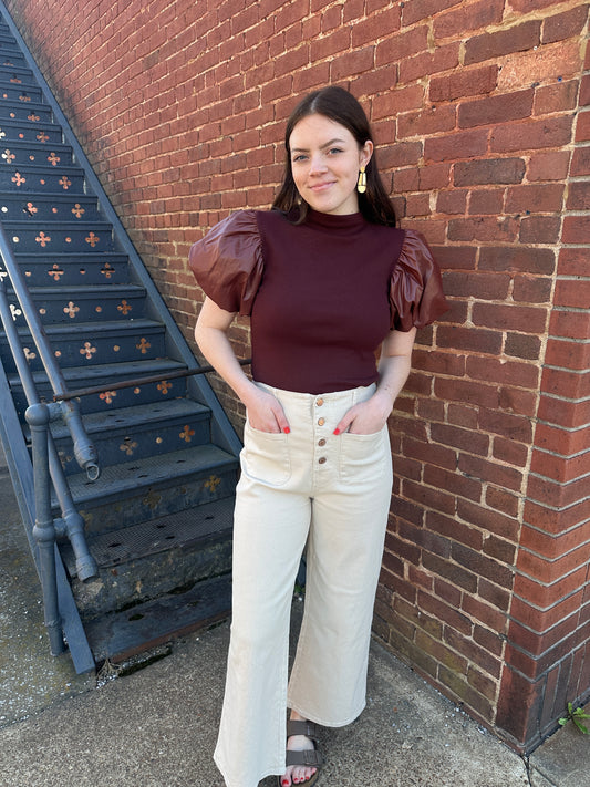 Brown Top with Faux Leather Sleeves