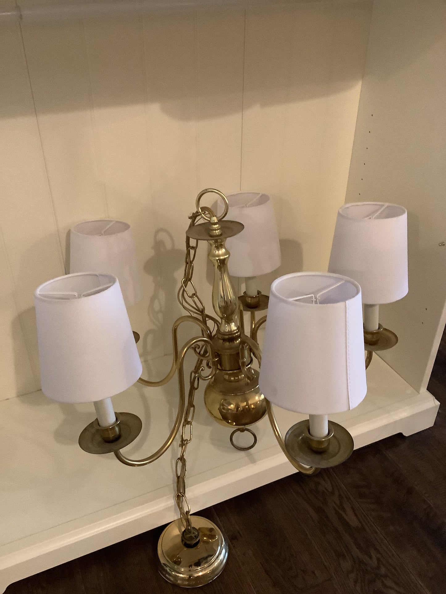 Gold Chandelier w/ white lampshades