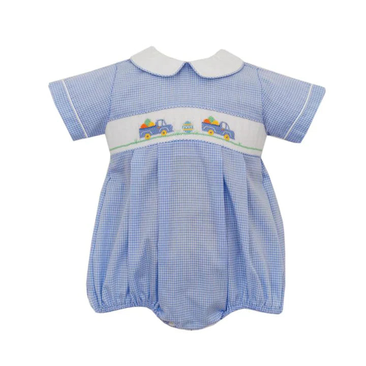 Blue Gingham Easter Trucks Boy Bubble - Breckenridge Baby