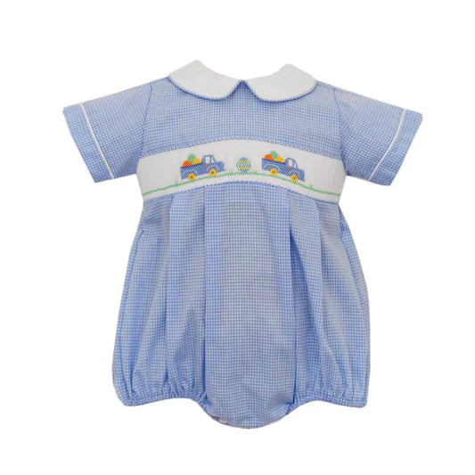 Blue Gingham Easter Trucks Boy Bubble - Breckenridge Baby