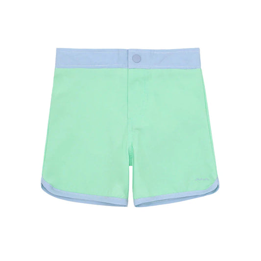 Boy’s Palm Green Sun Short with Blue Binding and Waistband - Breckenridge Baby