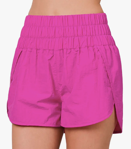 Windbreaker Smocked Waistband Running Shorts - Hot Pink