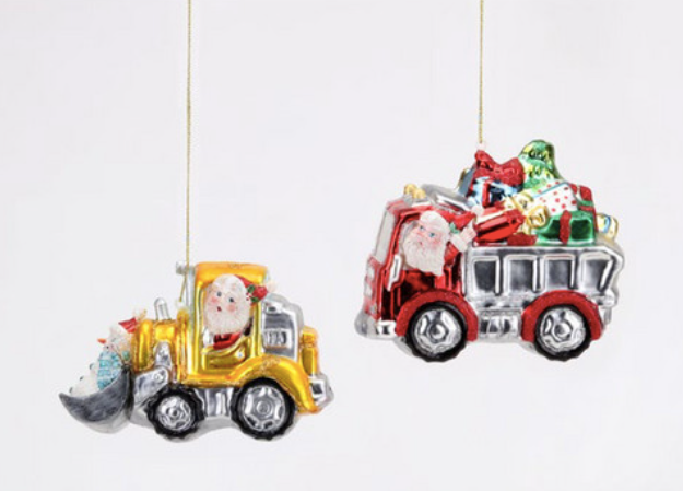 Santa Bulldozer & Dump Truck Ornament - Glass, 5"