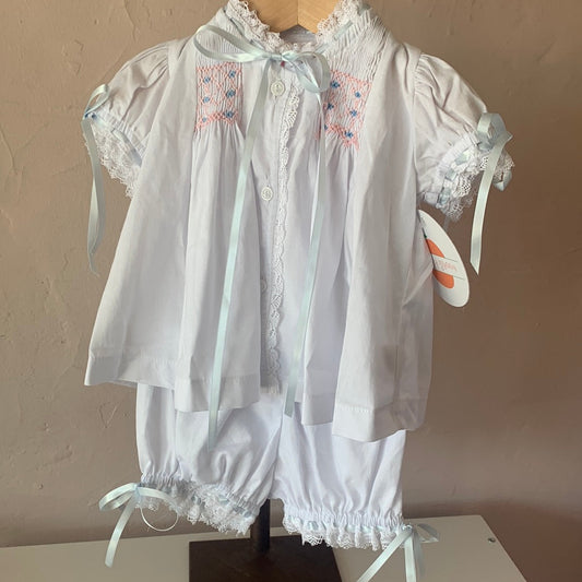 Heirloom Sun Set - White Batiste w Blue/Pink Smocking (5582) - Breckenridge Baby