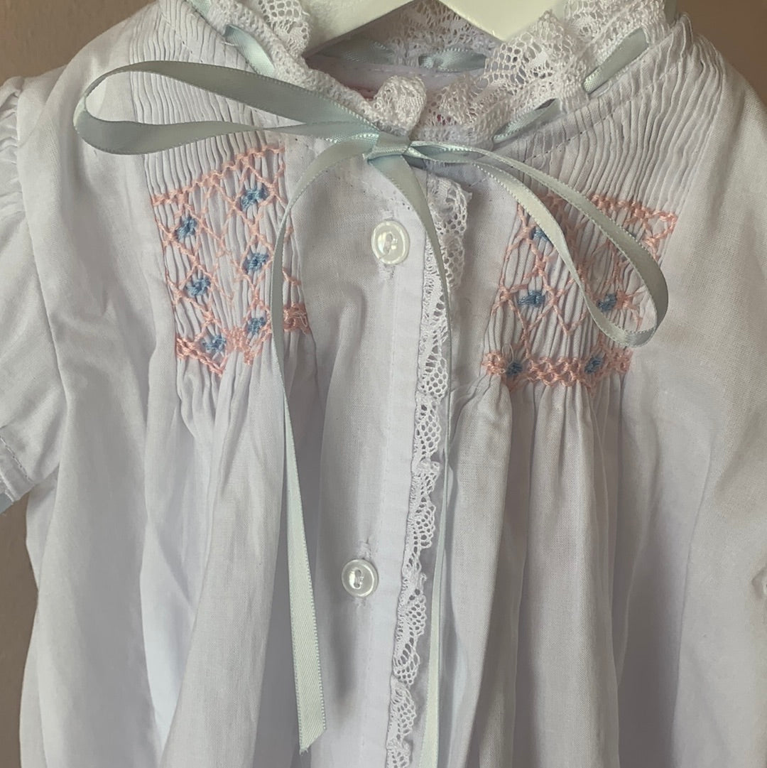 Heirloom Gown White Batiste w Blue/Pink Smocking (3393) - Breckenridge Baby