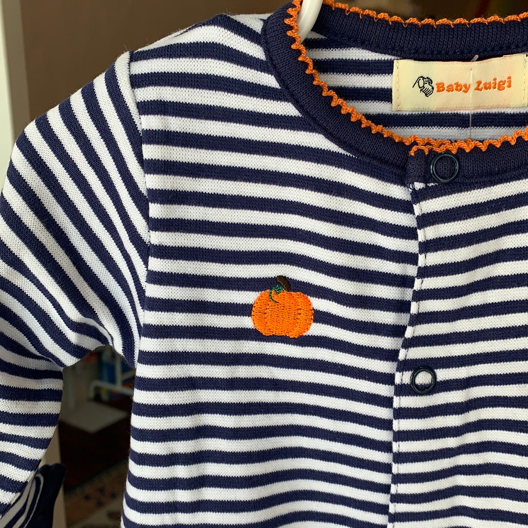 Girl Navy & White Striped Long Sleeve Pumpkins Playsuit - Breckenridge Baby