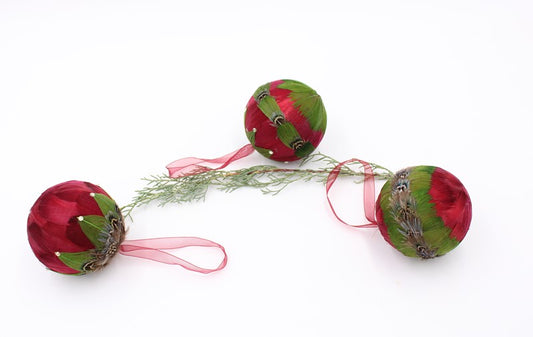 3" Feather Ball Ornament Red Green, 3 Assorted