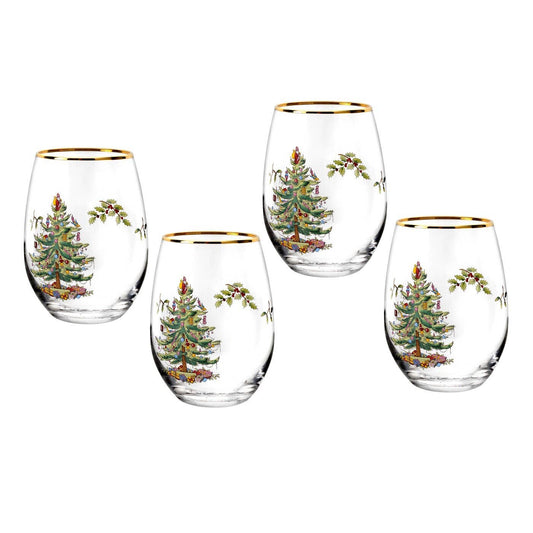 Spode Christmas Tree 2019 Stemless Wine Glass-Set of4