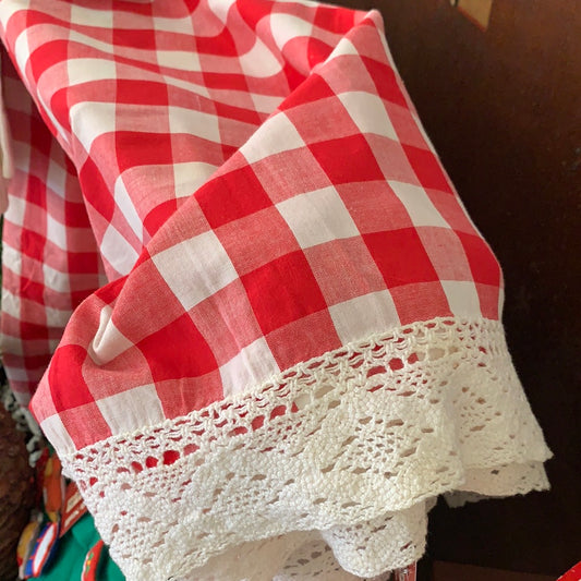 Red Checked Table Cloth with Lace